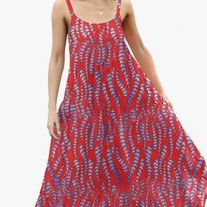NWT: Yes/No Blue + Red Leaf Print Maxi Beach Dress